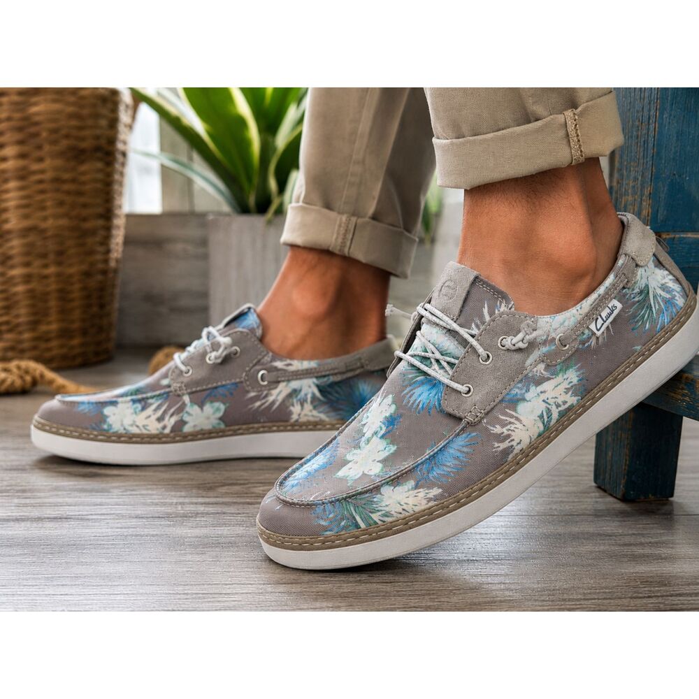 Clarks Higley Tie Floral Boat Shoes Men's 9 Gray Canvas Comfort Casual NWT